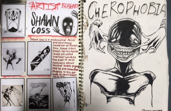 Images of a student's sketchbook of work as part of their  NEA component 1