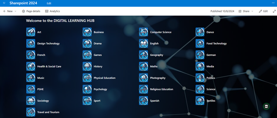 An image of the Digital Literacy Hub homepage that students see when they log on in school 