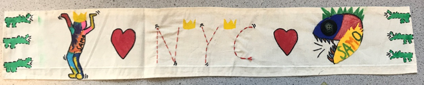 Image of a scarf made by a year 9 student using a variety of techniques such as applique, embroidery and stencilling – inspired by New York and new York artist