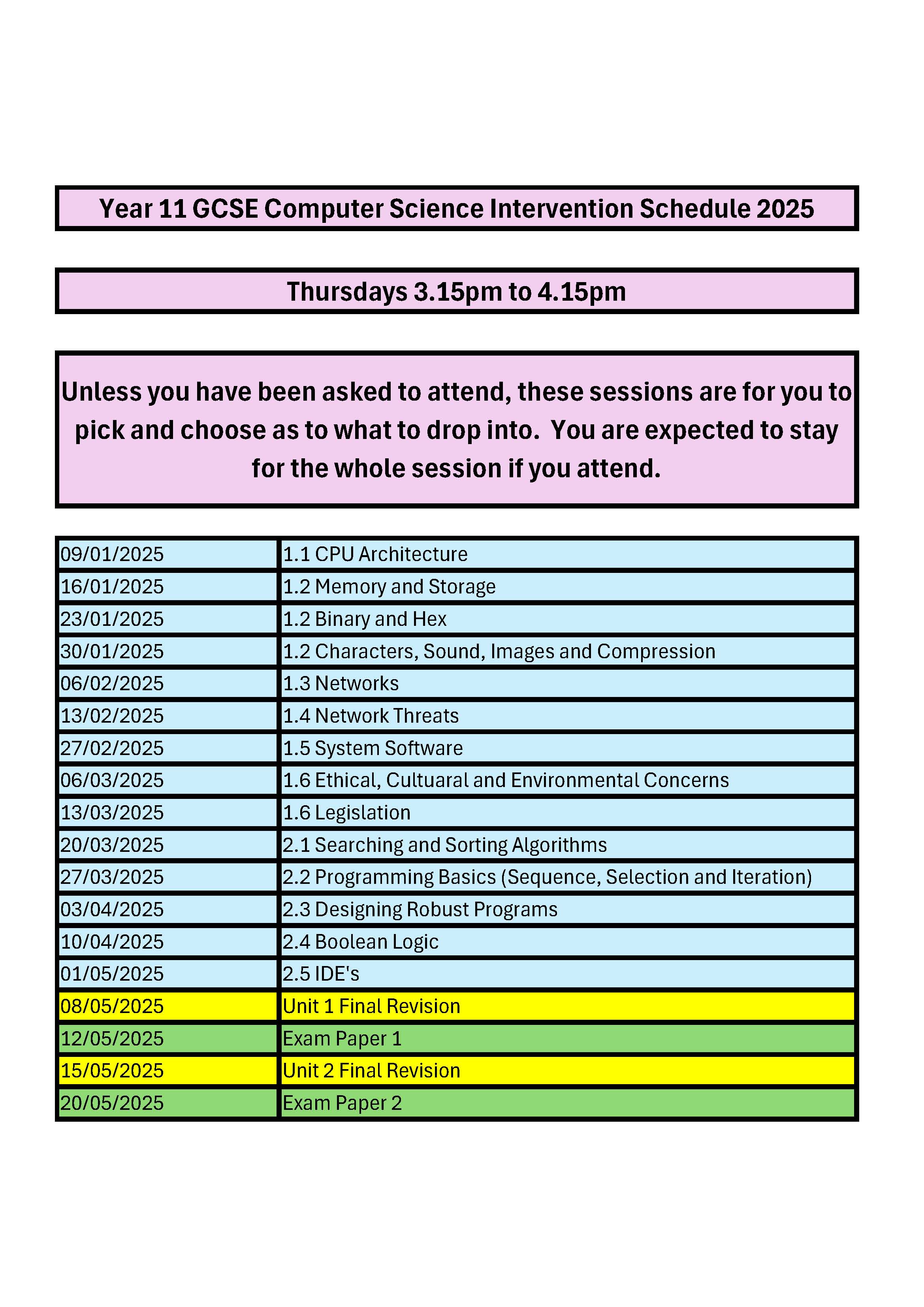 A close-up of a schedule of Computer Science Intervention Sessions