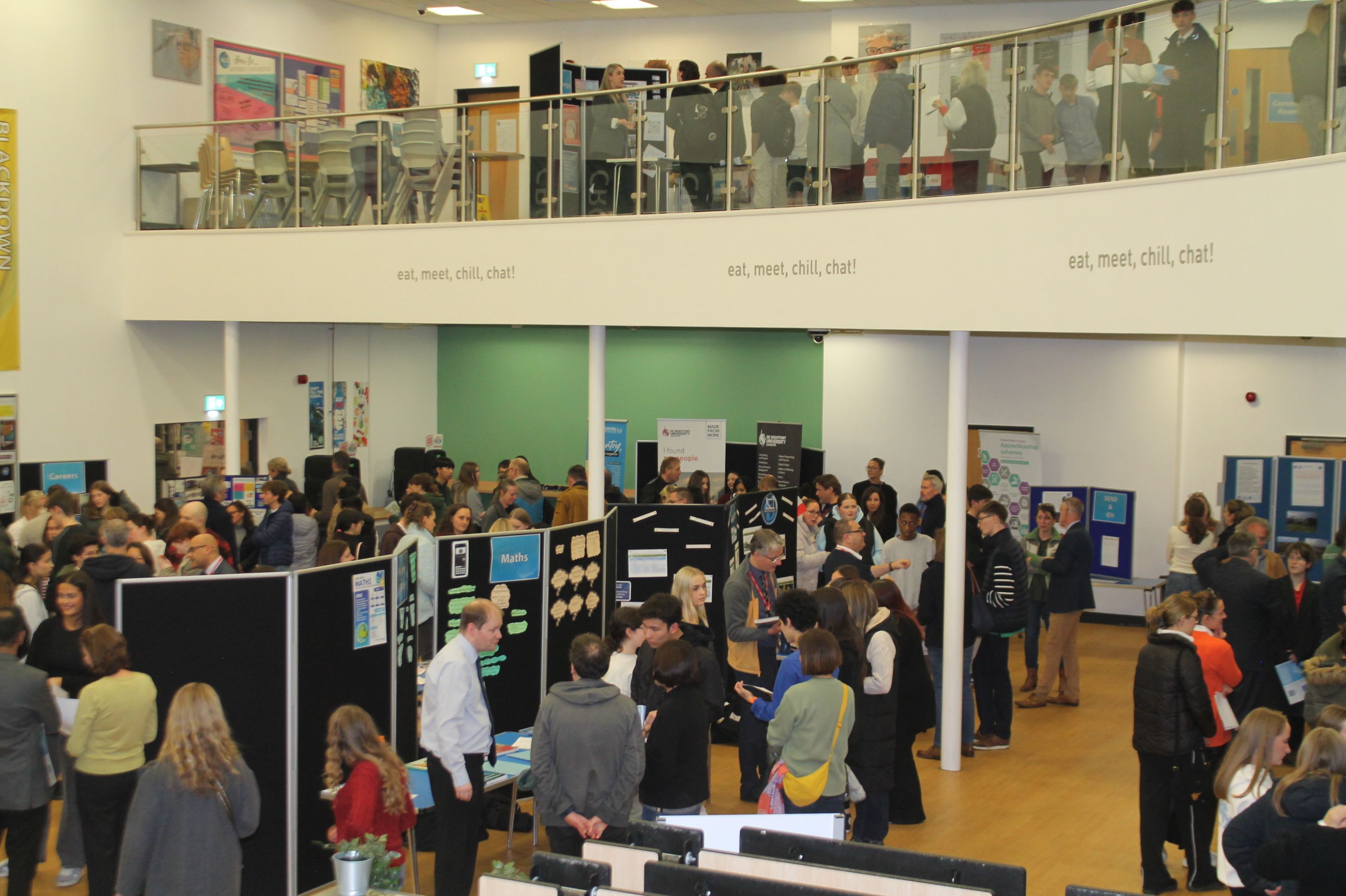 The Marketplace at the Sixth Form Open Evening where a variety of subject information was on display and staff and students were there to talk to visitors