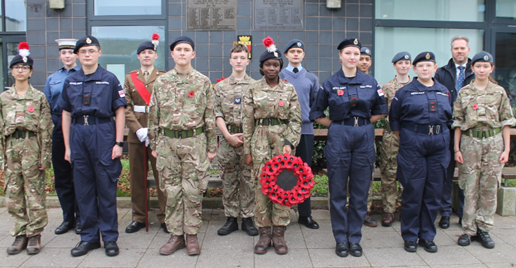 NLS studnets in their cadet uniforms at the Remembrance service at school