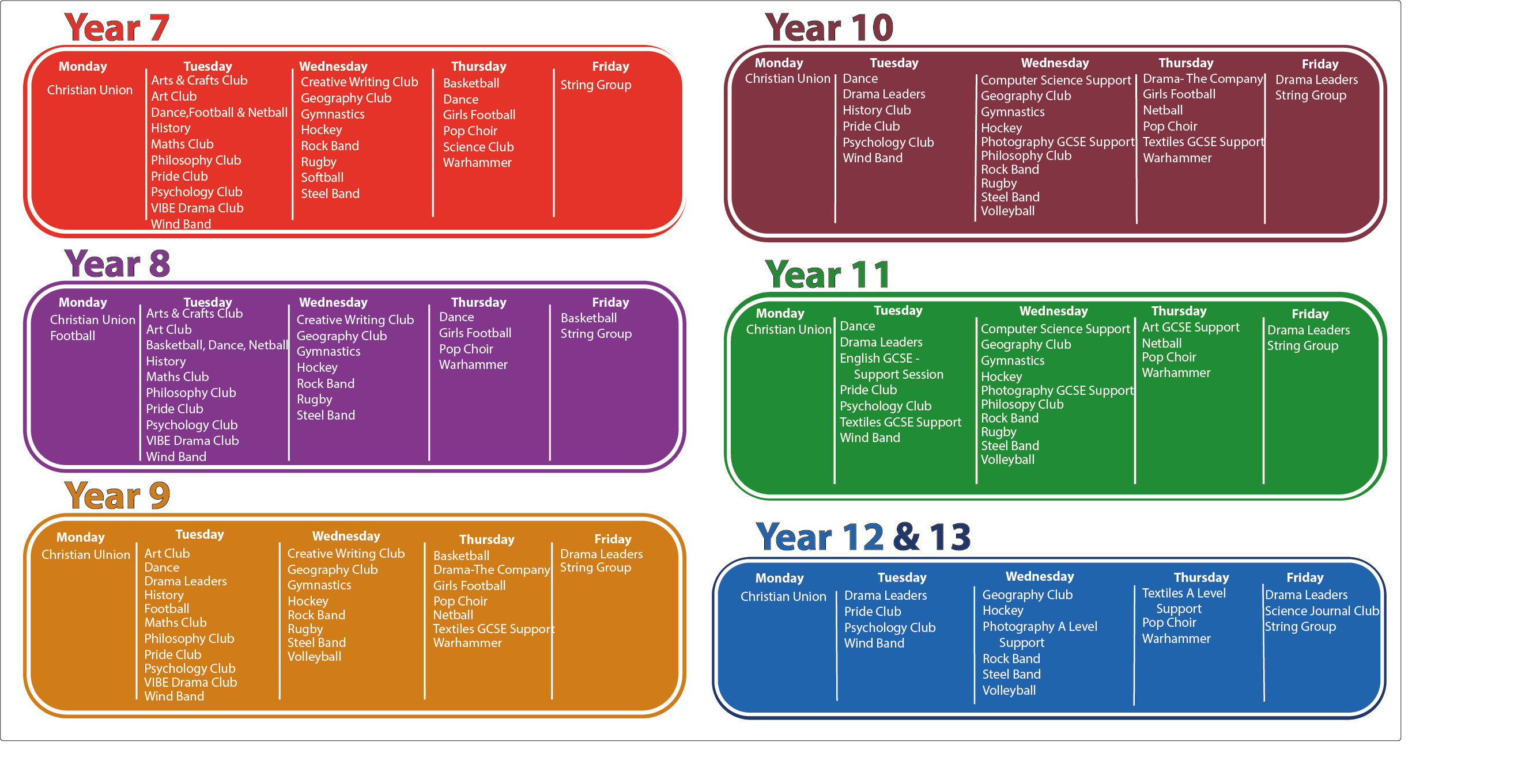 List of Extra Curricular Clubs available in Year Groups, information is also detailed below