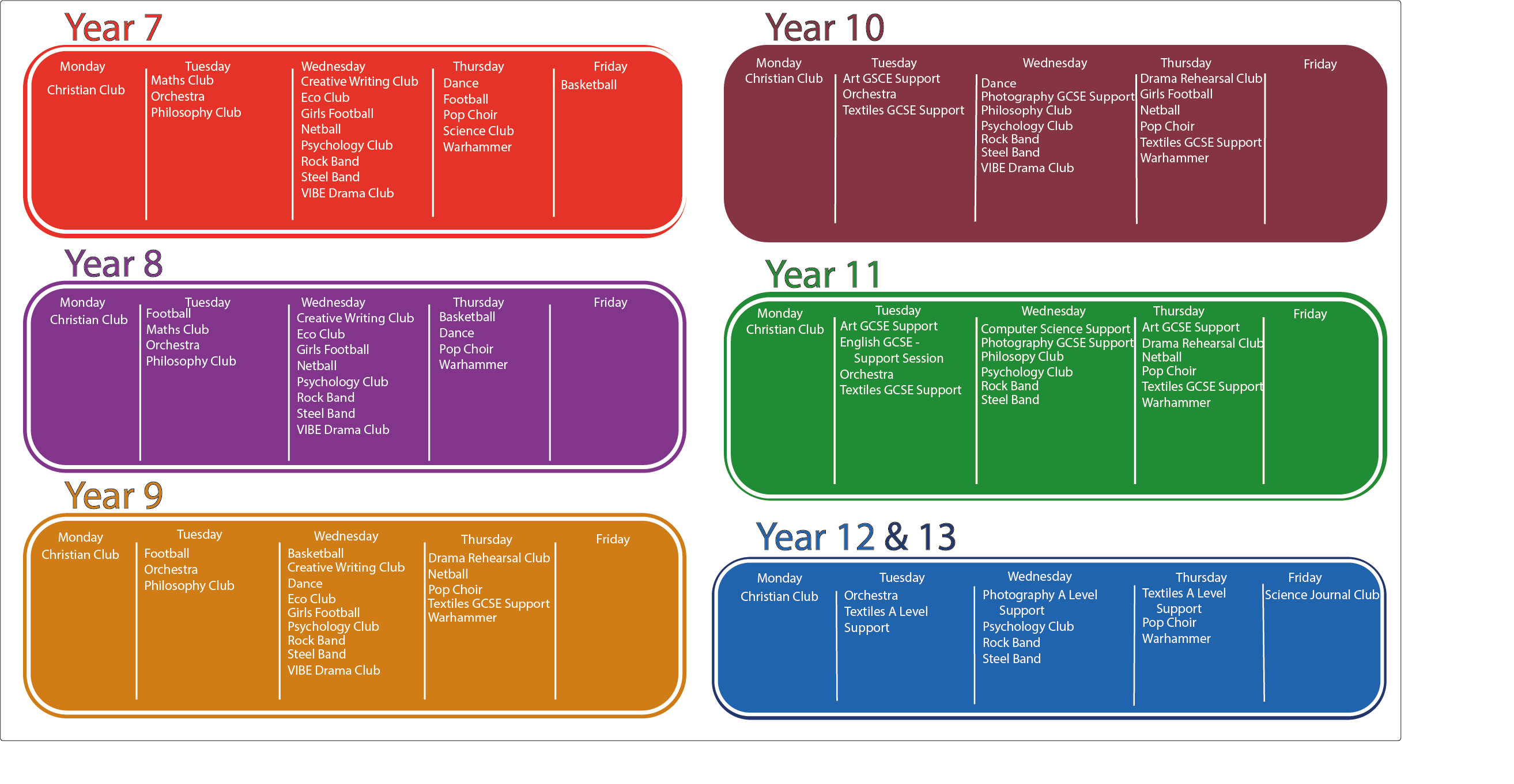 six coloured boxes showing the activities on offer - all are listed below