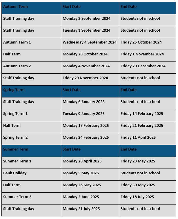 North Leamington School Term Dates 202425