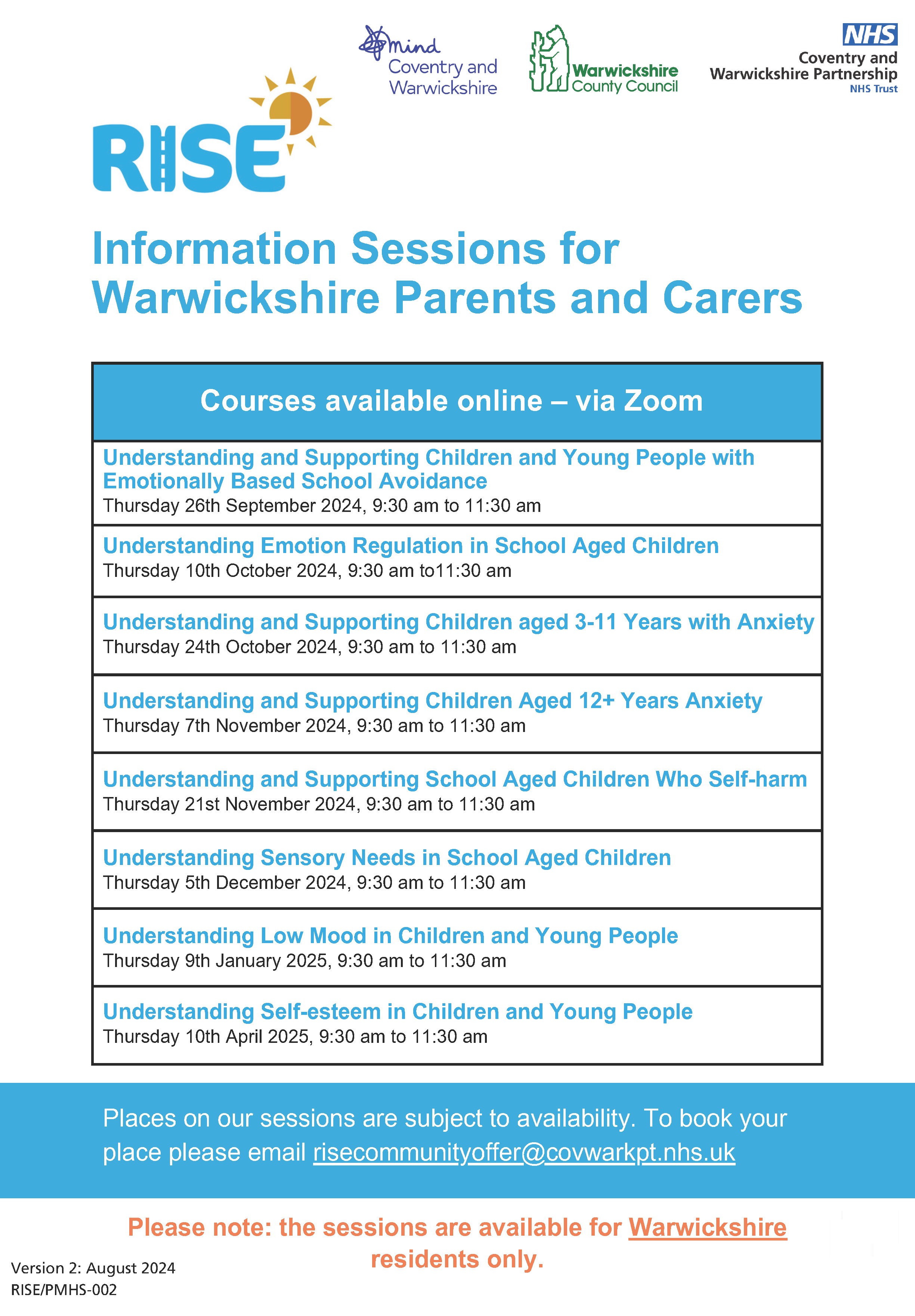 This document shows the information sessions available by zoom, with dates and times, available for Warwickshire parents and carers 