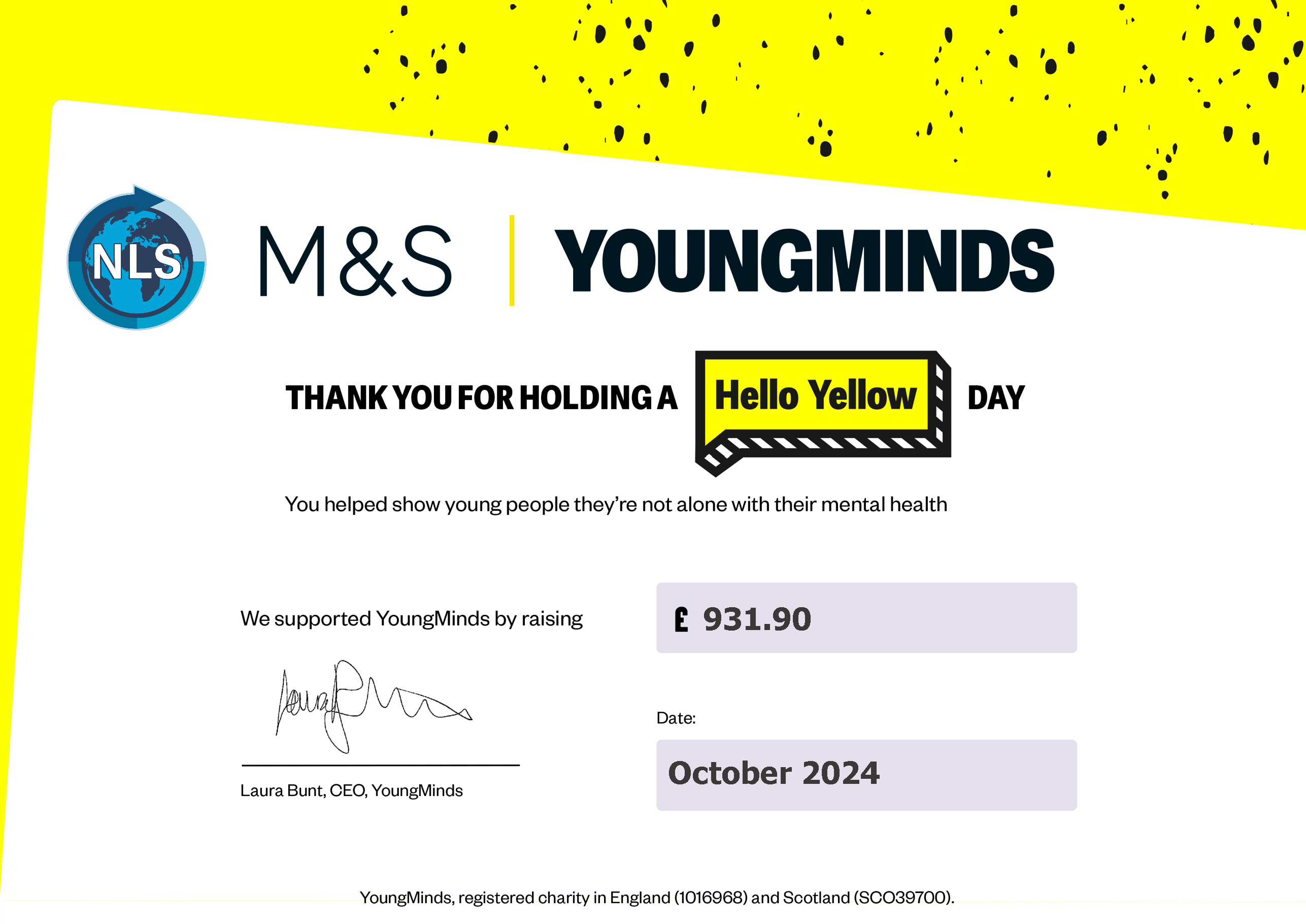 Young Minds Fundraising Certificate showing NLS raised £931.90